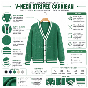 Cardigan en acrylique vert tricoté à col en V avec bordure et boutons blancs, manches longues, décontracté, de la sororité Cosh International - Product Image 6