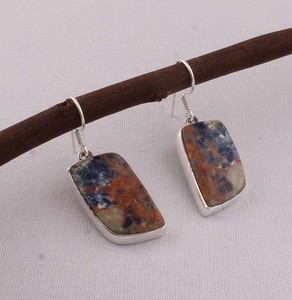 925 Sterling <b>Silver</b> Sunset Sodalite <b>Earrings</b> Natural Blue and Orange Gemstone Rectangular <b>Dangle</b> <b>Earrings</b> Handmade Jewelry Whole - Product Image 2