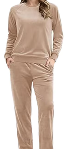 Ensemble de survêtement en velours beige pour femmes, 2 pièces, haut à col rond à manches longues, pantalon à taille élastique, décontracté, uni - Product Image 5