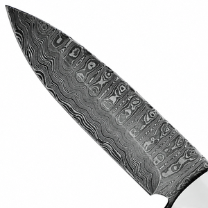 Cuchillo de hoja fija con mango de madera marrón oscuro, patrón Damasco, guardacuchillo plateado, hoja grabada gris y remaches de latón para exteriores - Product Image 6