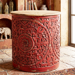 Mesa de Centro de Madera Tallada, Mesa Auxiliar Redonda con Relieve Floral, Centro de Atención para Sala de Estar - Product Image 1