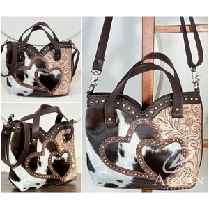 Sac fourre-tout en cuir véritable façonné à la main March Expo Western avec design à double cœur clouté, sac à bandoulière en cuir de vachette pour femme - Product Image 1