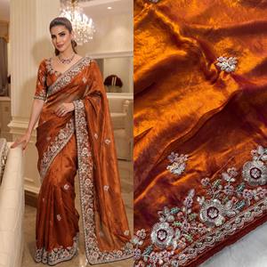 Elegant Blue Silk <b>Saree</b> With Floral Embroidery Traditional Wedding Wear <b>For</b> <b>Women</b> India Pakistan Style - Product Image 6