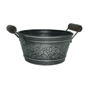 Jardinière ronde en métal gravé gris foncé avec poignées pour la maison, le restaurant et le jardin - Utilisation écologique en extérieur/intérieur - Product Image 1