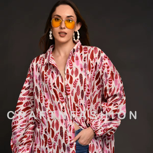 Chemise décontractée pour femme en coton 100% écologique, manches ballon, col montant, imprimé floral, tissu respirant, coupe ample - Product Image 1
