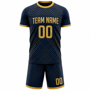Ensemble de maillots de football d'extérieur personnalisés par sublimation, haute qualité, motif géométrique bleu et or, unisexe, sans manches, anti-humidité - Product Image 2