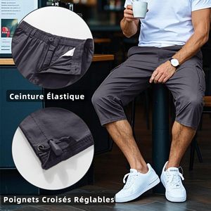 Shorts cargo pour homme, couleur unie, taille élastique, plusieurs poches, style décontracté, tissu polyester respirant - Product Image 3
