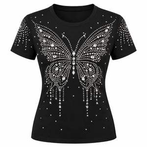 T-shirt blanc à manches courtes pour femme, orné de strass et de cristaux, coupe ajustée, décontracté, tendance, personnalisable, séchage rapide, respirant - Product Image 3