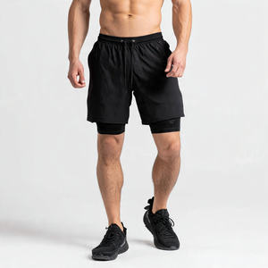 Men Shorts Double Layered 100% Polyester Summer 2 In 1 Shorts Men's Double <b>Layer</b> Fitness Shorts Zipper Pocket Drawstring - Product Image 2