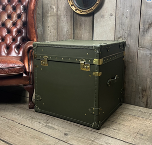 Olive Green Leather Wooden <b>Storage</b> Trunk Antique <b>Chest</b> Box with Brass Locks Studs and Corner Guards Rustic Furniture - Product Image 1