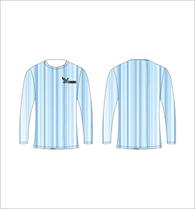 Camiseta Deportiva Ligera de Manga Larga Sublimada Personalizada con Patrón de Rayas Azul Claro y Blanco, Proveedor de Ropa al Por Mayor - Product Image 1