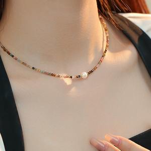 Collier exquis pour femme en perles d'eau douce naturelles avec perles de tourmaline colorées, chaîne de clavicule, style dopamine, pull inclus - Product Image 3