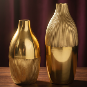 Ensemble de deux vases à fleurs dorés brillants, présentant des textures mixtes lisses et rainurées verticalement, pour les intérieurs modernes sophistiqués - Product Image 1