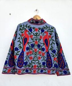 Breathable 100% Velvet Suzani Embroidered Floral Printed Jacket <b>Covered</b> <b>Button</b> Closure Full Sleeve for Women's Spring Autumn - Product Image 6