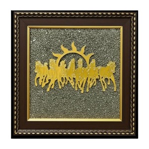 Cuadro de Pared con Siete Caballos y Sol Nascente sobre Base de Pirita Natural - Símbolo de Éxito y Prosperidad - Product Image 1