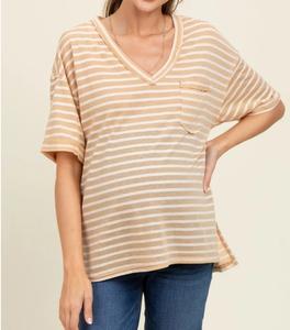 Camiseta de Maternidad con Diseño Nuevo, Cuello en V, Rayas, Holgada, Hombros Caídos, Transpirable, 100% Algodón, para Embarazo - Product Image 3