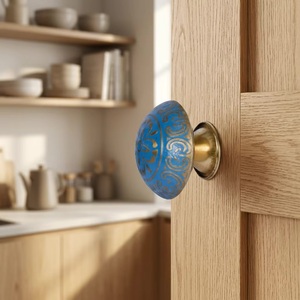 Boutons de meuble ronds en céramique bleue avec motif floral doré, style traditionnel, installation facile pour commode, armoire de cuisine - Product Image 5