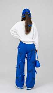 Oneten Women's White Crew Neck <b>Sweatshirt</b> Blue Bow Print Elastic Waist Wide Leg Split Hem Polyester Blend Casual Tracksuit Set - Product Image 6