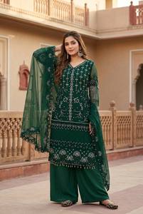 Conjunto de Salwar Kameez Verde Esmeralda Estilo Pakistaní de Moda, Kurti Recto de Georgette Pesado con Bordado de Lujo y Pantalón Palazzo para Fiesta India - Product Image 3