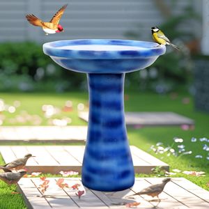 Bain d'oiseaux extérieur bleu de 23,6 po de hauteur sur piédestal en béton pour la décoration de patio et de jardin, idéal pour l'observation des oiseaux dans la cour. - Product Image 2