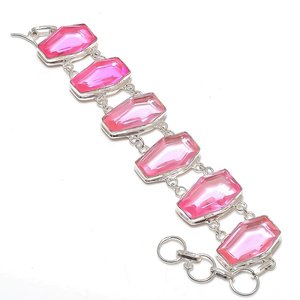 Bracelet chaîne en pierre précieuse de kunzite rose facettée en forme de cercueil, plaqué argent, unisexe, bijoux ethniques classiques, cadeau de mariage - Product Image 3