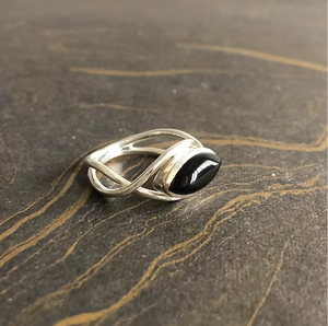Bague en Onyx Noir en Argent Sterling 925, Bague Simple avec Pierre Noire en Forme de Marquise, Bande en Argent en Forme d'Œil, Bijou Cadeau - Product Image 2