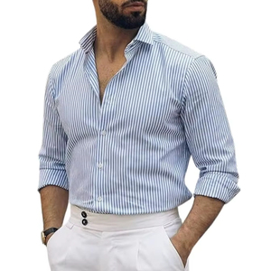 Camisa a rayas para hombre, corte ajustado, manga larga, formal, informal, de algodón con botones, para oficina - Product Image 1