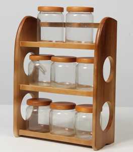 Countertop Wooden Spice <b>Rack</b> 3 Tier <b>Kitchen</b> Condiment <b>Storage</b> Organizer Solid Wood Shelf Holder with Glass Jars - Product Image 1