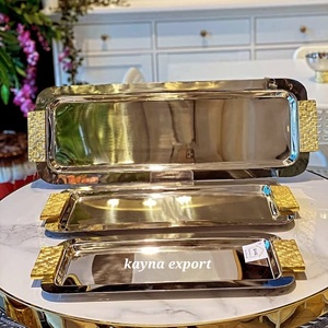 Plateau de service rectangulaire en métal Kayna Export avec poignée en forme de palmier dorée, assiette décorative artisanale élégante pour les fêtes - Product Image 6