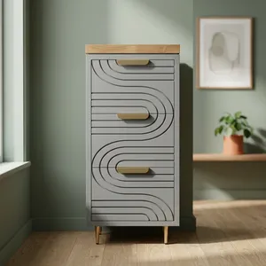 Armoire de rangement grise de style mid-century modern avec dessus en bois et poignées en laiton, 3 tiroirs, design gain de place, pour salon et salle de bain - Product Image 6