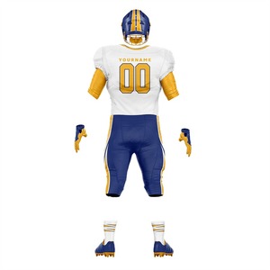 Ensemble d'uniformes de football américain personnalisés, casque, chaussettes, gants, maillot sublimé blanc, bleu, or, vêtements de sport d'été pour hommes, coupe courte - Product Image 3