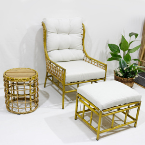 Natural <b>Rattan</b> Armchair Ottoman Set Cushions Teak Top Side Table Outdoor Eco-Friendly Durable Living Room Furniture - Product Image 5