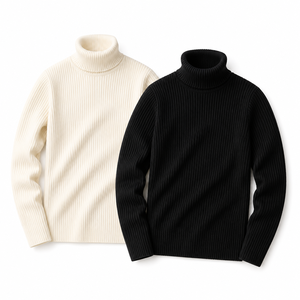<b>Men's</b> <b>Turtleneck</b> Knitted Pullover Solid Color Regular Fit Casual Autumn Wear Black and Cream - Product Image 1