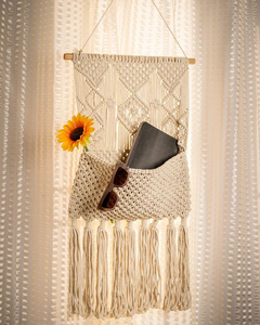 <b>White</b> Boho Macrame Wall Pockets with Cotton Rope and Wooden Handle Handmade <b>Hanging</b> Storage Organizer for Home Decoration - Product Image 4