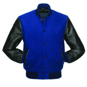 Men's Royal Blue Varsity <b>Jacket</b> With <b>Black</b> Leather Sleeves Stand Collar Casual Autumn Wear - Product Image 1