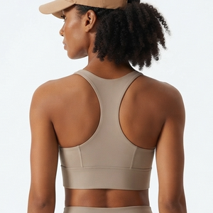 Hot Selling Women <b>Racerback</b> Sports Bra Beige Medium Support Breathable Printed Logo Front Fitness Workout <b>Top</b> For Gym Wear - Product Image 3