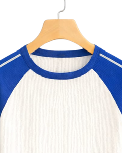 Custom Blue <b>White</b> Raglan Long Sleeve T Shirt Men Ribbed Cotton Casual Contrast Crew Neck Baseball <b>Tee</b> OEM Manufacturer Supplier - Product Image 5