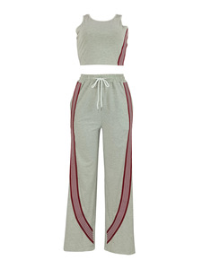 Women Plus Size Tracksuit Sleeveless <b>Crop</b> <b>Top</b> And Wide Leg Sweatpants With <b>Red</b> Stripe Casual Two Piece Set Spring Gray - Product Image 6