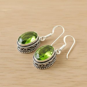 Peridot Dangle <b>Earrings</b> | Handmade Southwestern Statement Boho Western Jewelry. Oval Gemstone Handmade Drop Vintage Jewelry - Product Image 4