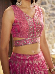 Pink Embroidered <b>Sequins</b> Zari Lehenga Set V Neck <b>Crop</b> <b>Top</b> Floor-Length A-Line Silhouette Pleated Skirt Dupatta Wedding Women - Product Image 2