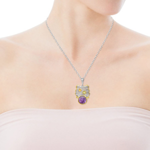 Collar con Colgante de Búho en Plata de Ley 925 con Amatista y Peridoto, Bañado en Rodio Negro y Oro de 18K, Joyería Fina - Product Image 2
