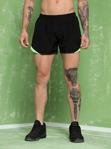 KVETOO Men's Quick Dry Breathable Split Hem 2 1 Loose Fit High Waist Elastic Running Shorts 100% Polyester Black <b>Net</b> Neon <b>Green</b> - Product Image 5