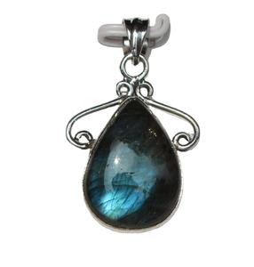 Pendentif en labradorite en argent sterling 925 fait à la main, pierre précieuse naturelle non traitée, cabochon en forme de goutte, style bohème, plaqué rhodium/antique - Product Image 3