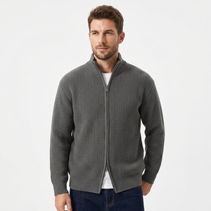 Cardigan zippé tricoté pour homme, anti-boulochage, couleur unie, manches longues, pour l'automne, 100 % acrylique, épaisseur standard - Product Image 3