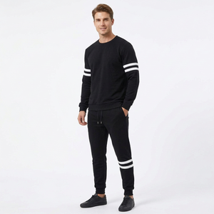Conjunto de Sudadera Negra con Cuello Redondo y Rayas Blancas en las Mangas y Pantalones Deportivos para Mujer, Ropa Casual de Otoño, 100% Algodón Tejido - Product Image 6