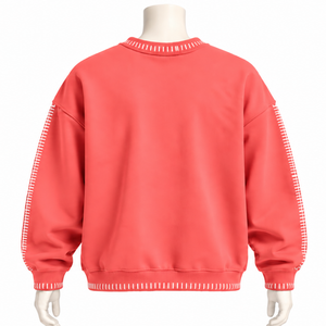 Mens <b>Coral</b> Stitched Border Distressed Crewneck Sweatshirt Oversized Pullover Long Sleeve Casual Streetwear Everyday Fashion <b>Top</b> - Product Image 2
