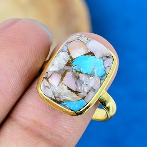 Handmade Pink Opal Copper Turquoise Cushion Shape Gemstone Rings 18k Gold Microne Over 925 Sterling Silver - Product Image 3