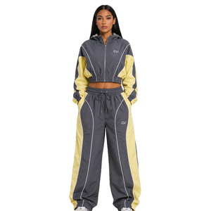Women's Custom Color Block <b>Cropped</b> Jacket & Wide Leg <b>Pants</b> 2-Piece Set Reflective Piping Lightweight Nylon Windbreaker Tracksuit - Product Image 1