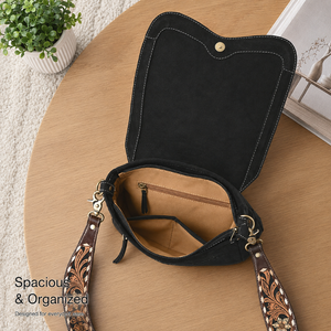 Bolso de Hombro Occidental de Cuero Genuino Premium para Mujer, Bolso de Diseño Floral Grabado, Estilo Vintage para Viajes Diarios, Bolso de Moda - Product Image 4