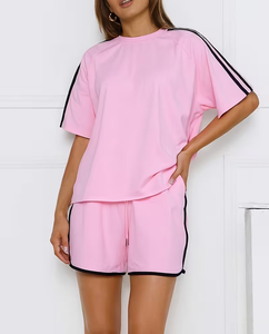 Women 2-Piece Pink Knitted Shorts Set Crew Neck Short Sleeve Sporty Loose Fit Breathable Summer Outfit - Product Image 4